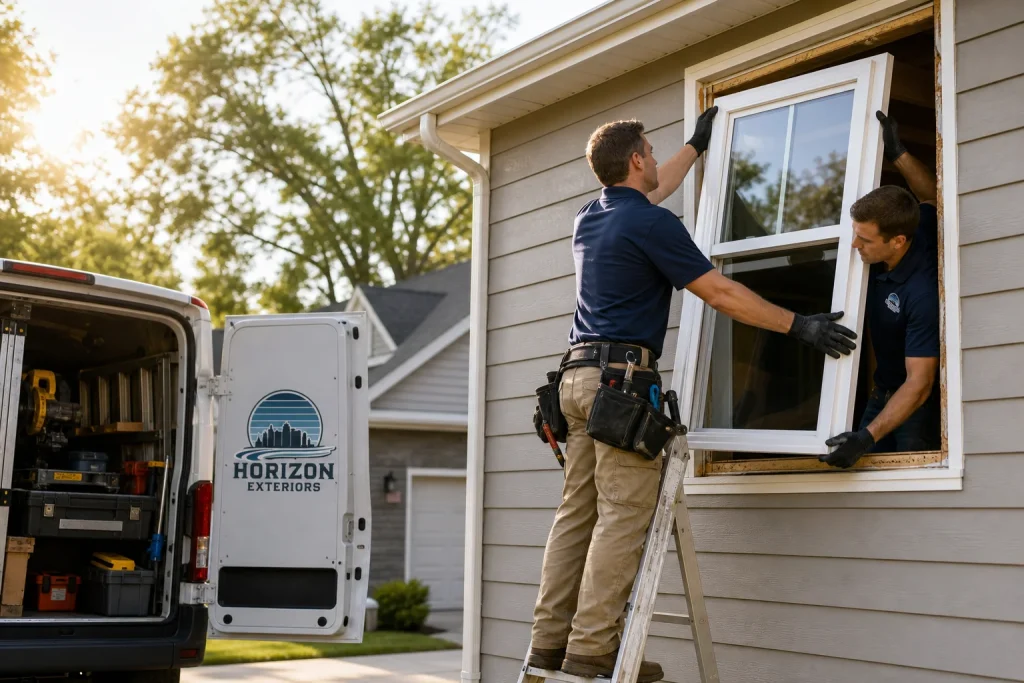 Two contractors installing a new vinyl replacement window on a Kansas City home