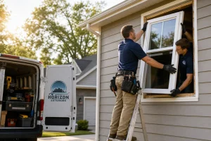 Two contractors installing a new vinyl replacement window on a Kansas City home