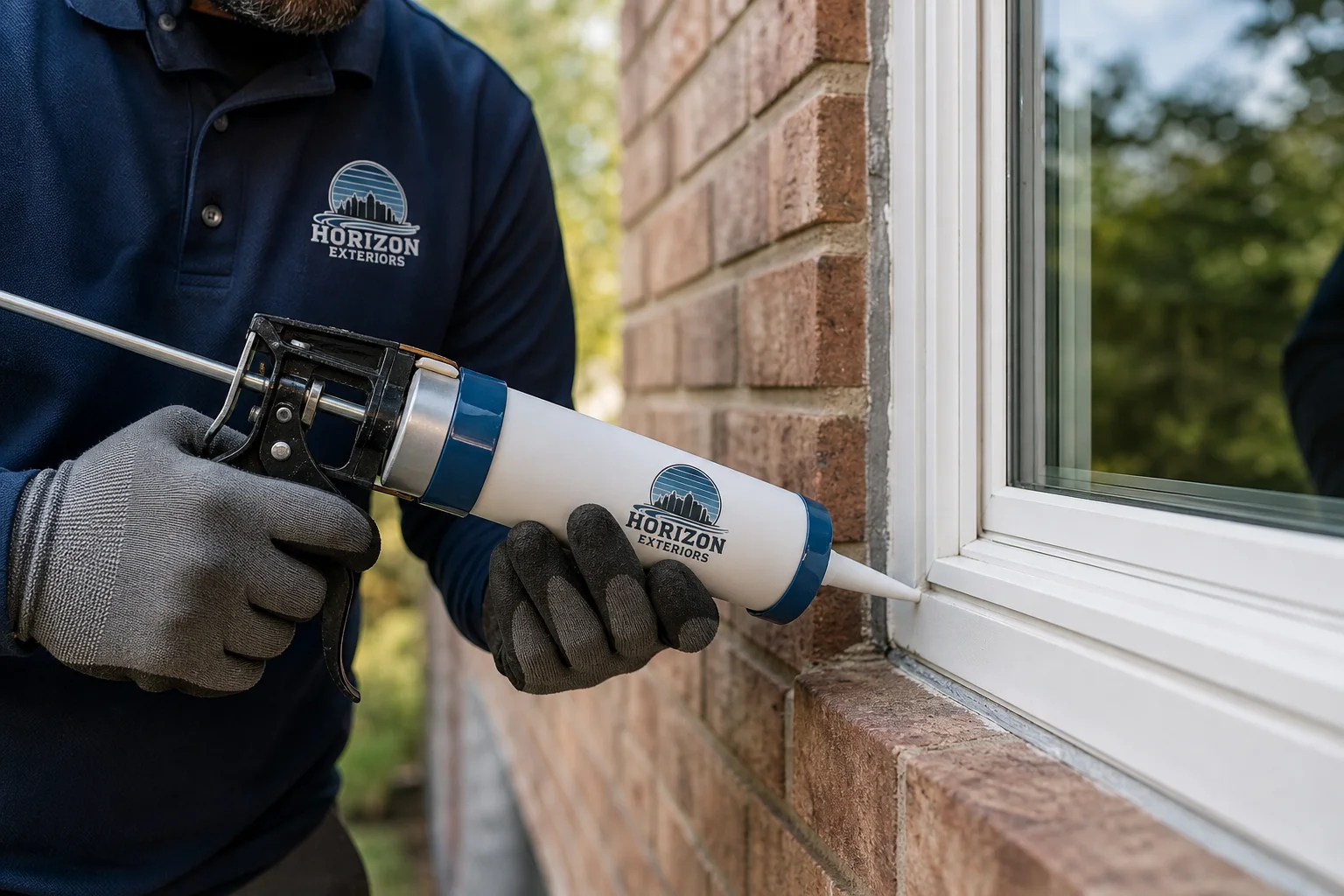 Installer applying weatherproof sealant around a new vinyl window frame on a Kansas City home