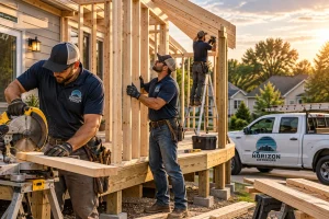 Contractors enclosing an existing deck in Kansas City with new framed walls and roof rafters