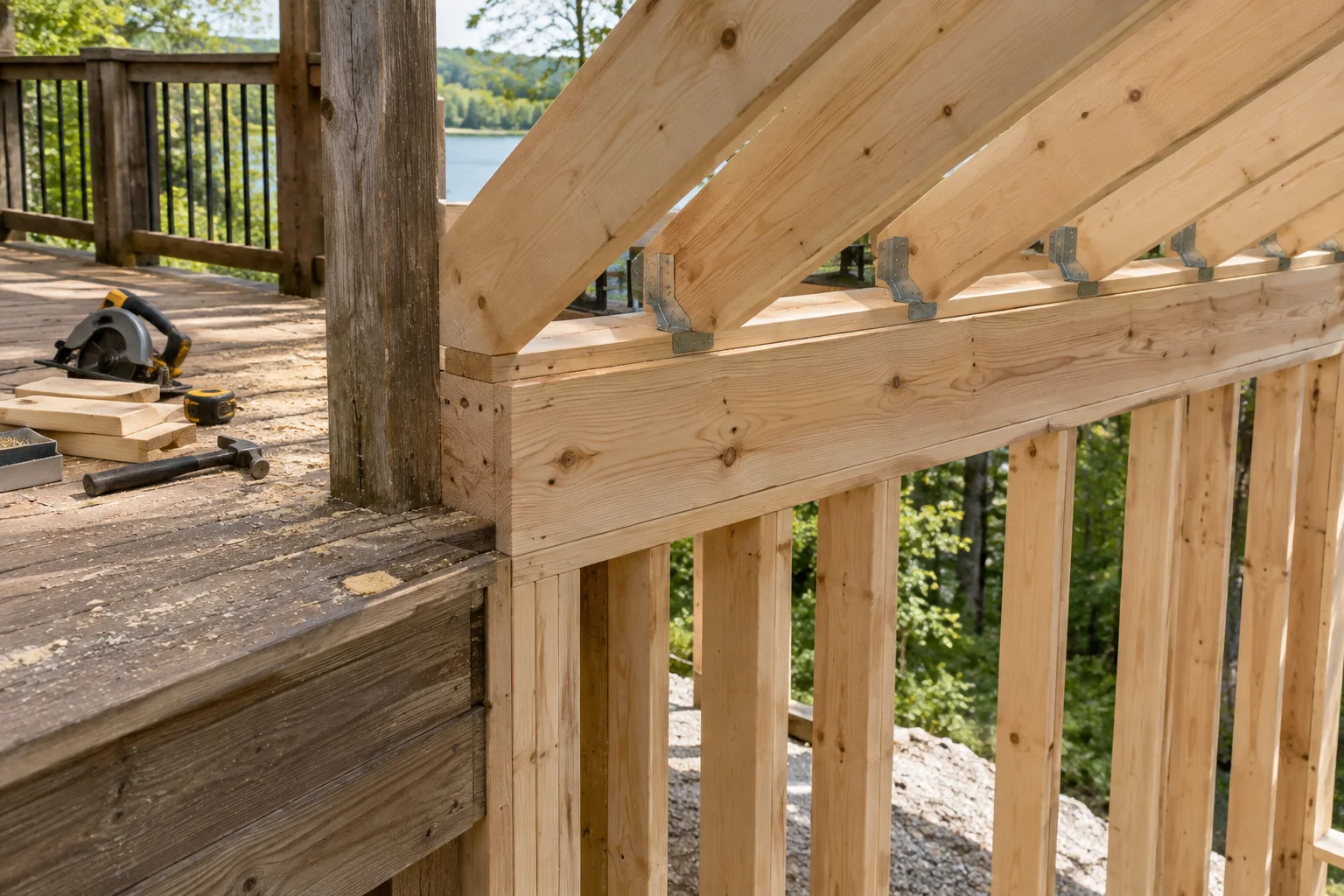 New wall framing and roof rafters tied into an existing deck during a Kansas City enclosure