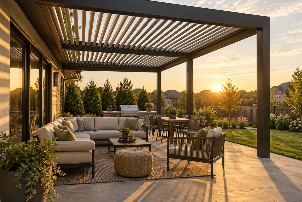 Louvered pergola roof with open aluminum louvers over a Kansas City backyard patio at golden hour