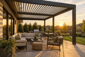 Louvered pergola roof with open aluminum louvers over a Kansas City backyard patio at golden hour