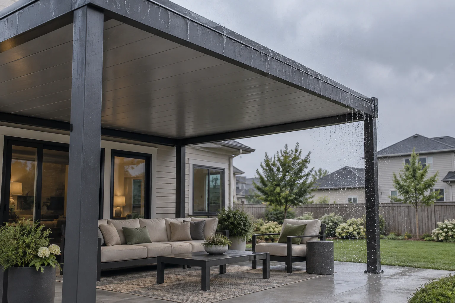 Rain running off the closed louvers of a pergola roof onto a covered Kansas City patio