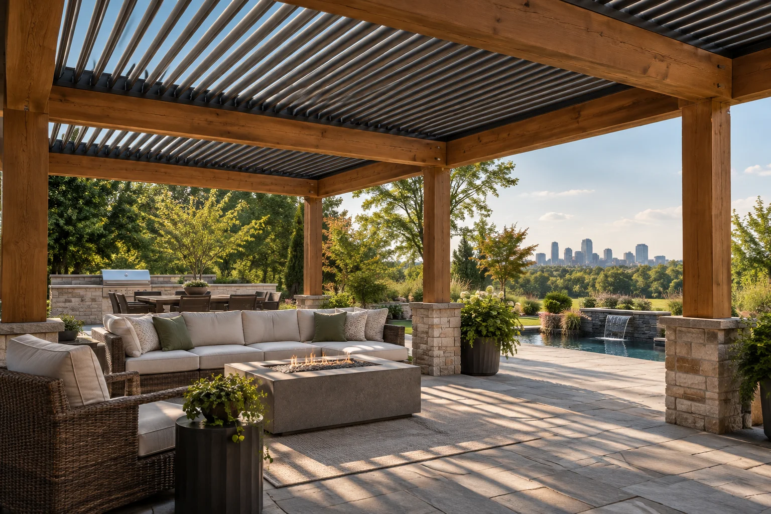 Cedar pergola with a louvered aluminum roof over a stone backyard patio